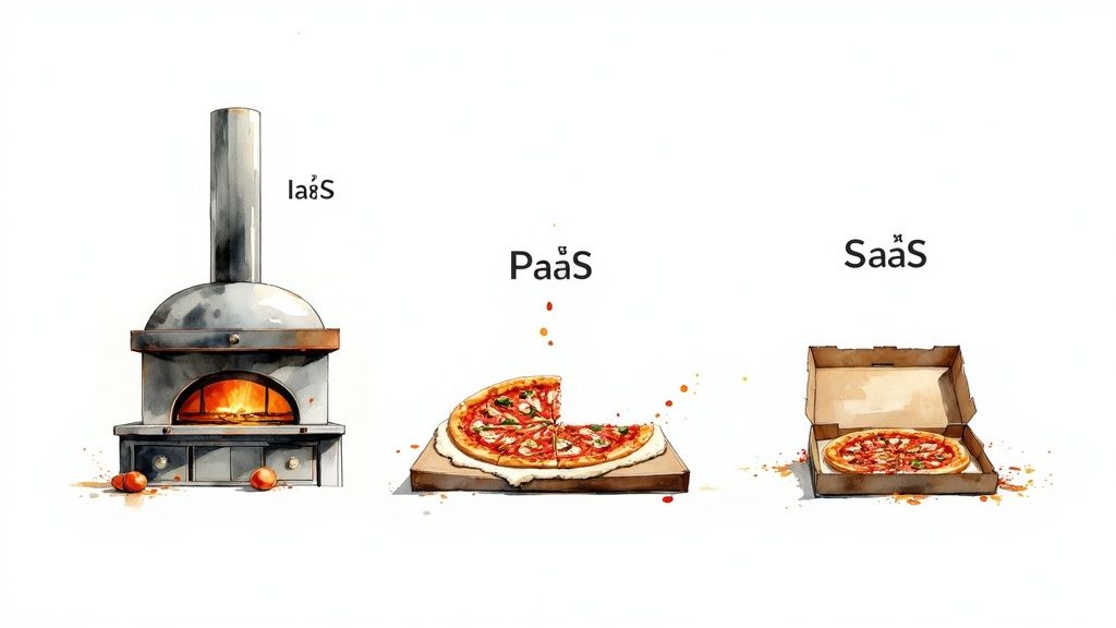 Watercolor illustration comparing IaaS, PaaS, and SaaS cloud services with a pizza oven, prepared pizza, and boxed pizza.