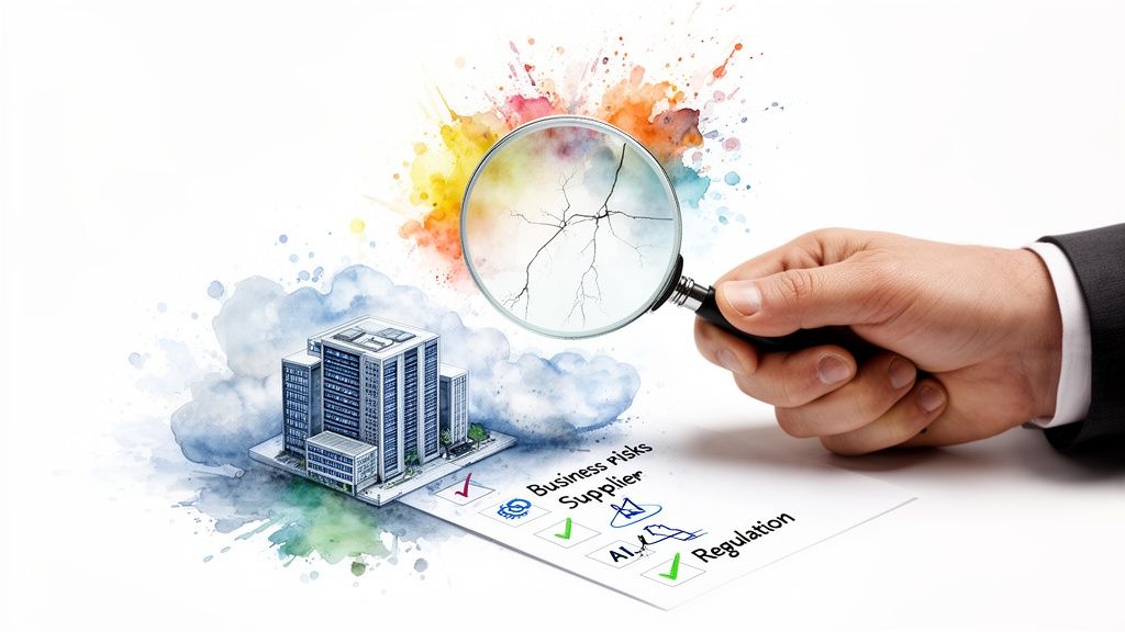 Hand examining a business risks checklist (supplier, AI, regulation) with a magnifying glass, revealing cracks.