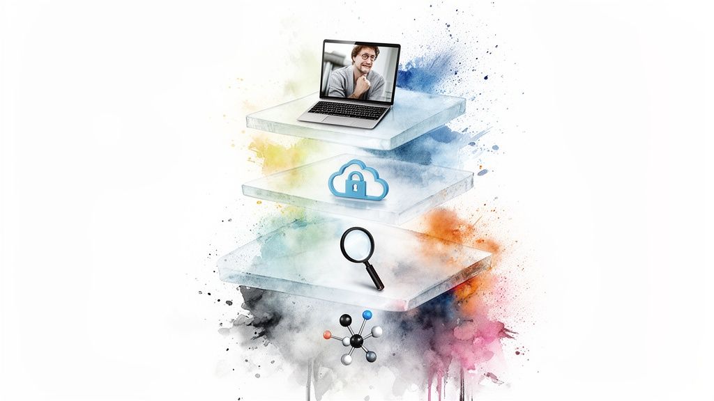 Conceptual layers showing a laptop, cloud security, magnifying glass, and molecular model on watercolor splashes.