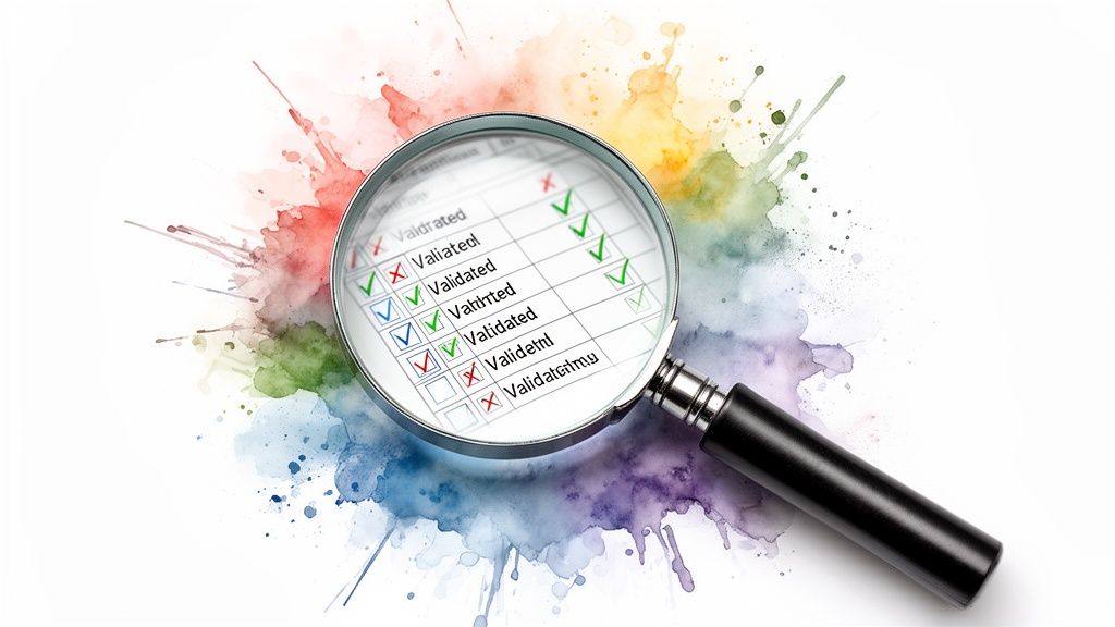A magnifying glass examines a checklist with validated and invalid items on a colorful watercolor background.