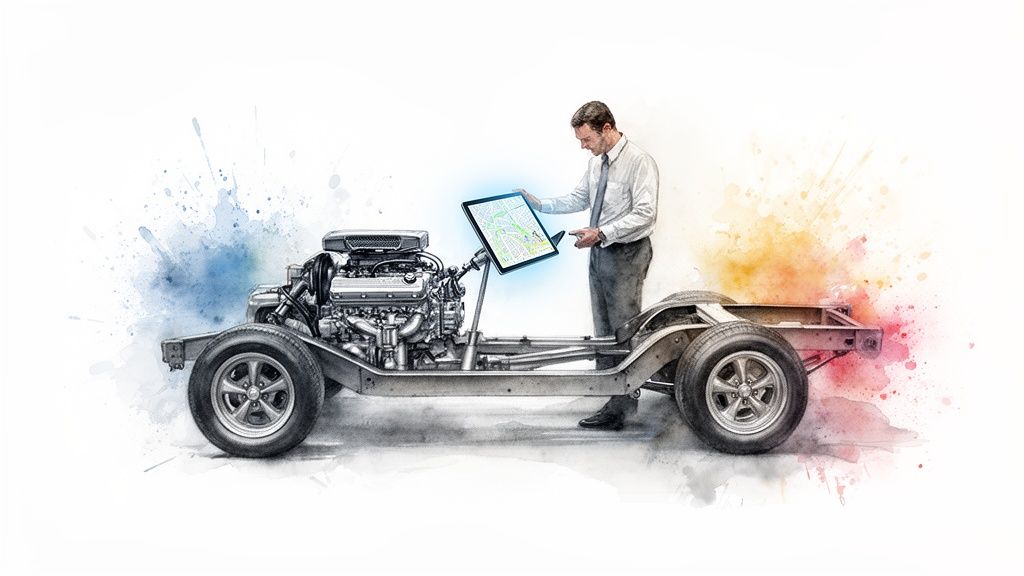 A man uses a glowing tablet to interact with a car engine and chassis, showcasing digital integration.