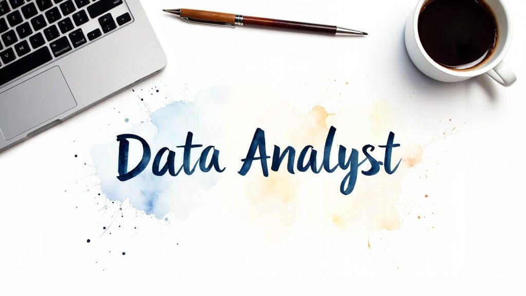 Flat lay of a laptop, pen, coffee cup, and "Data Analyst" text with watercolor splatters.