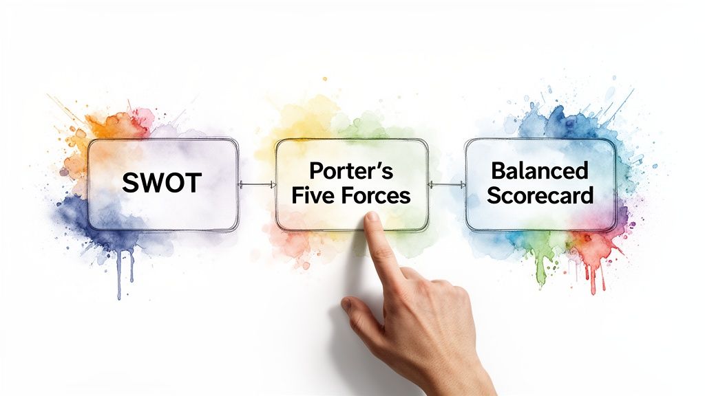 Colorful diagram showing a sequence of business strategy tools: SWOT, Porter's Five Forces, Balanced Scorecard.