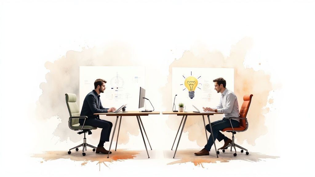 Two professionals working on laptops in an artistic office setting, one with data, one with an idea.