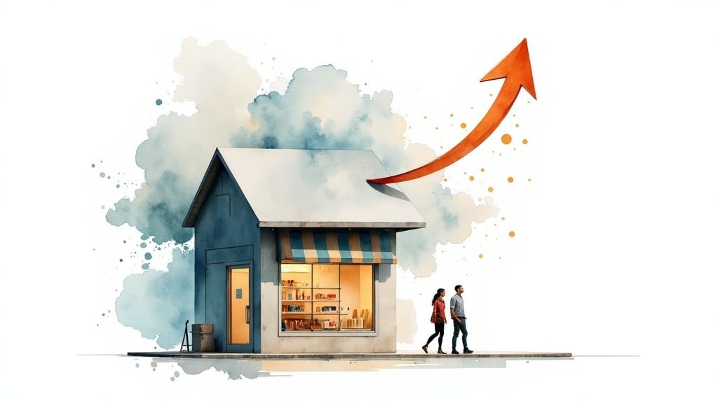 Watercolor illustration of a small shop with an upward arrow indicating business growth.