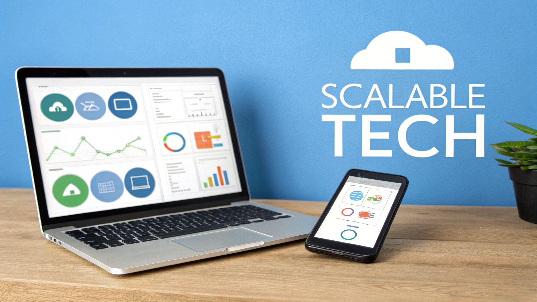 A laptop and smartphone display business data analytics dashboards on a wooden desk, with "SCALABLE TECH" text.