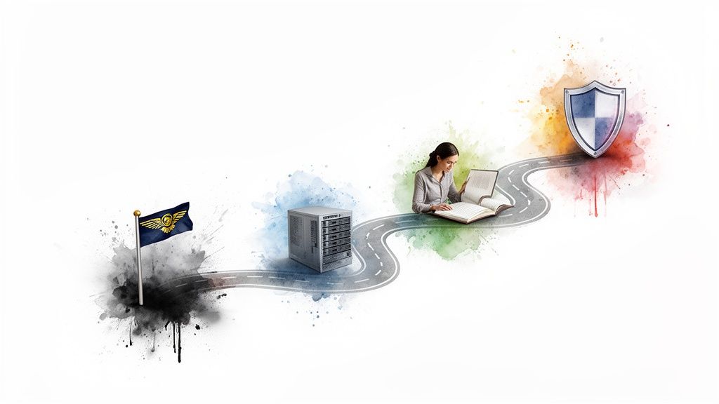A winding road connects a flag, a server rack, a woman reading a book, and a shield, all on watercolor splashes.