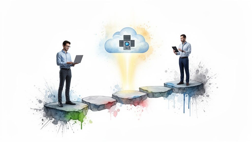 Two men with devices on a path leading to a cloud server, representing digital transformation.
