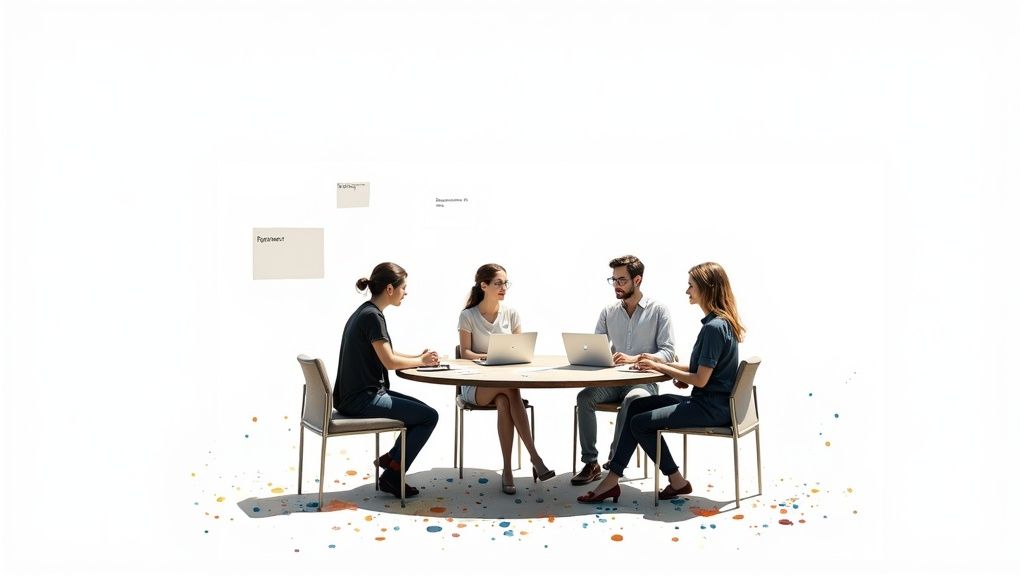 Four diverse people collaborating around a table with laptops, discussing ideas in a modern office.