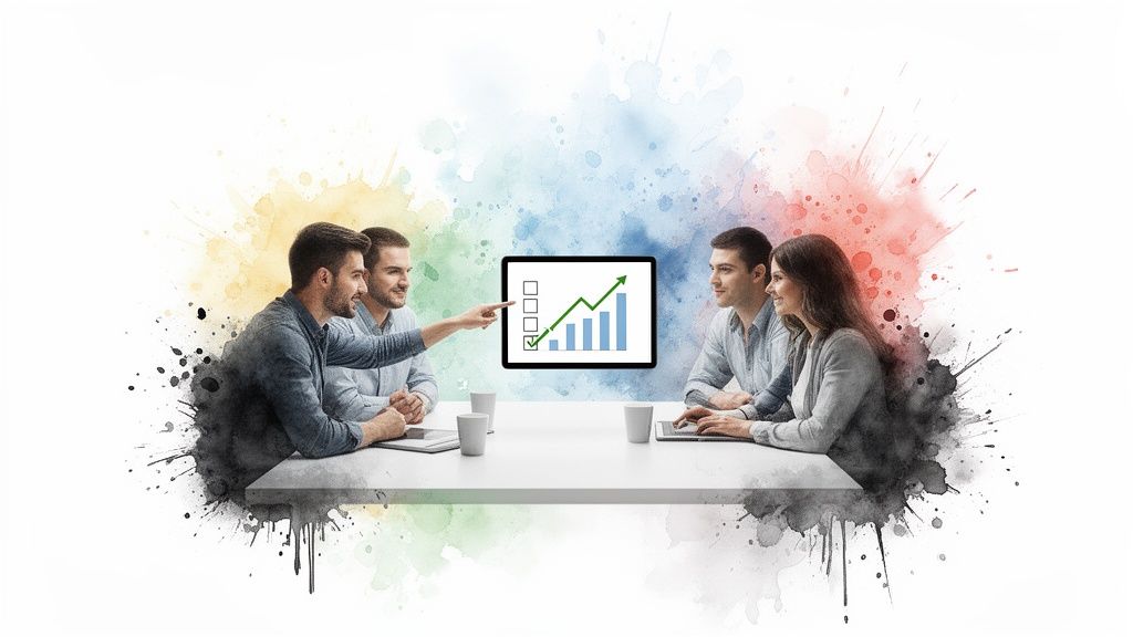 Four diverse colleagues collaborating at a table, discussing business growth charts on a tablet.