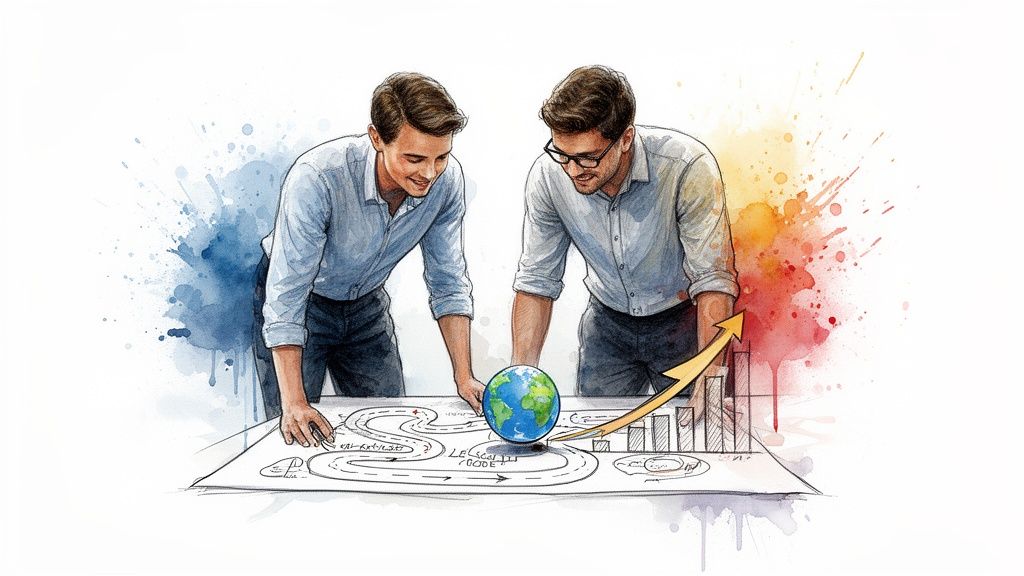 Two professionals analyze a global strategy map with a world globe and a growth graph.