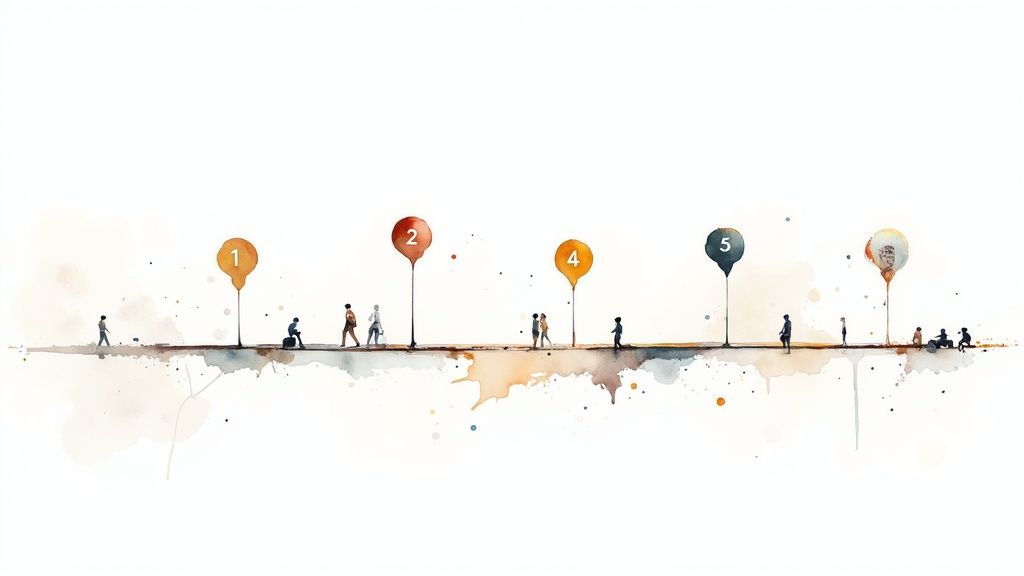 Watercolor illustration of people walking along a timeline with numbered markers, representing a journey or process.