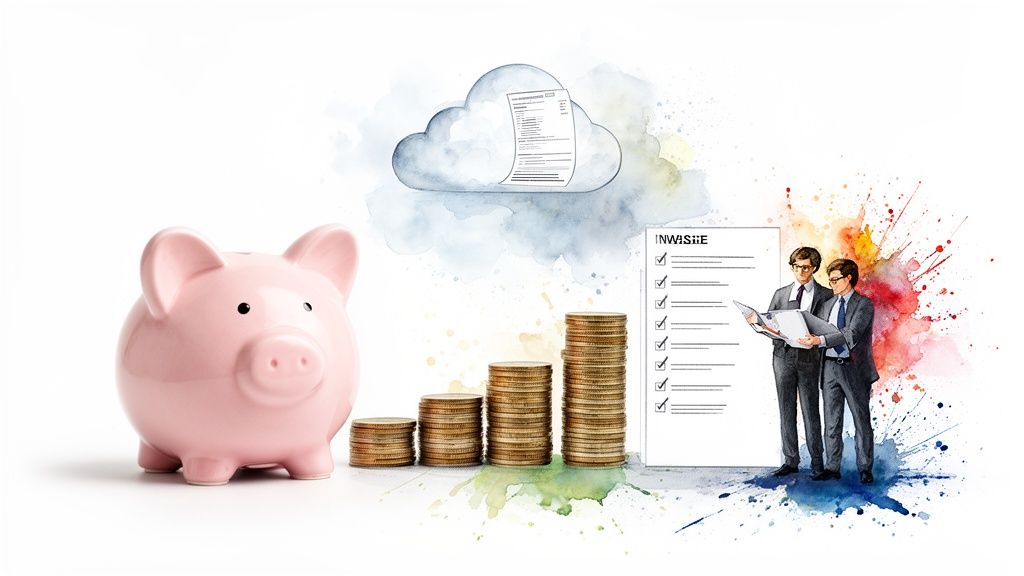 A piggy bank, growing stacks of coins, cloud document storage, and businessmen reviewing an invoice.