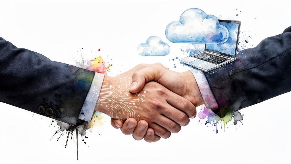 Watercolor illustration of two hands shaking, symbolizing a technology and cloud computing partnership.