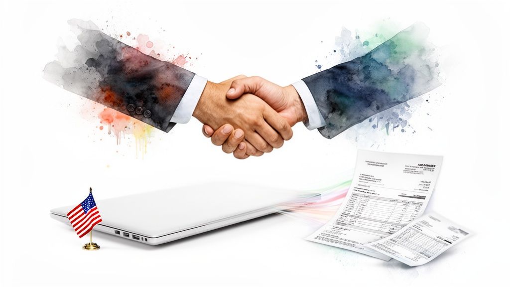 A watercolor style image depicting a handshake, laptop, US flag, and financial documents, symbolizing digital business and agreements.
