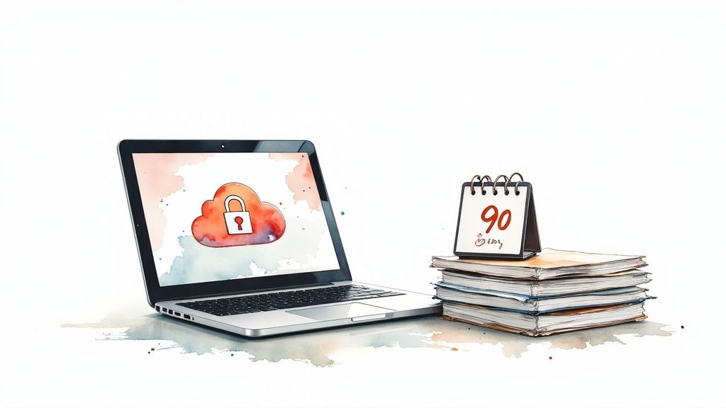 Watercolor illustration of a laptop showing a secure cloud icon, alongside books and a calendar with '90'.