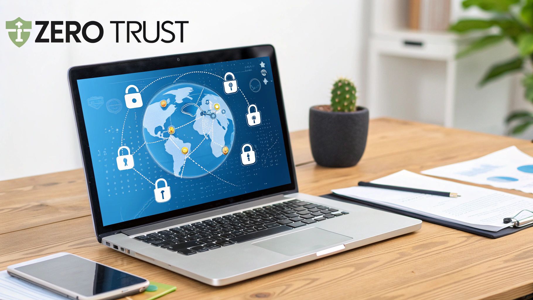 A laptop on a wooden desk displays a global network with security padlock icons, symbolizing zero trust.