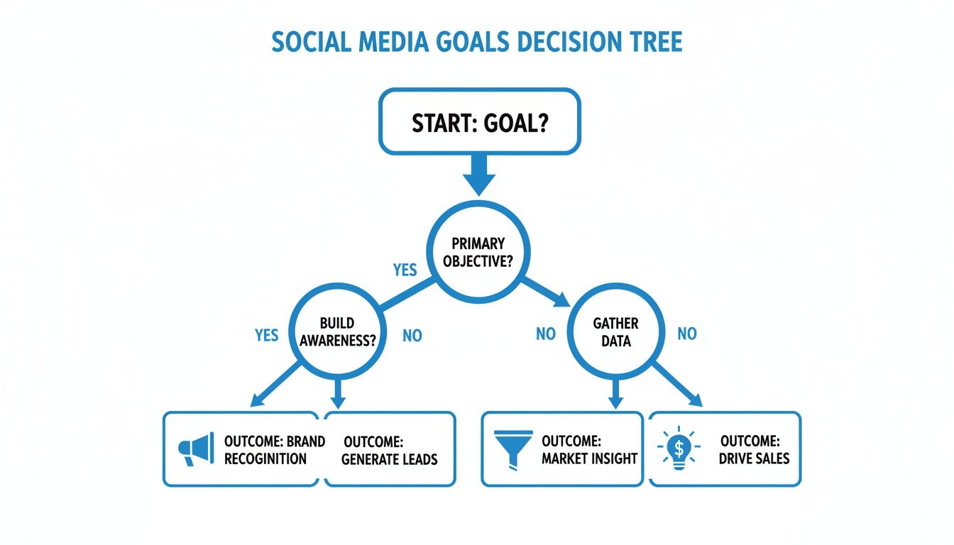 Flowchart showing social media goals, objectives, and outcomes, including brand awareness, leads, insights, and sales.