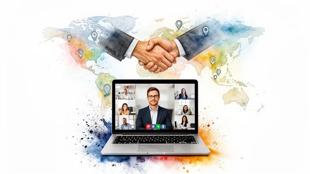 Global business handshake over a laptop showing a virtual team meeting and a watercolor world map.