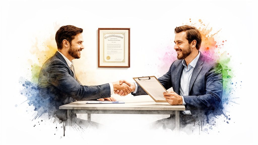 Two smiling businessmen in suits shaking hands, symbolizing agreement and partnership in a colorful watercolor style.