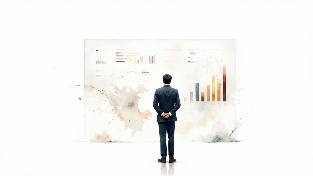 Businessman analyzing data and insights displayed on a large screen with abstract art.