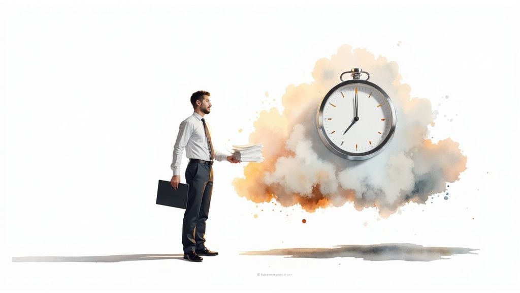 Businessman holding documents looking at a floating stopwatch, symbolizing time management and efficiency