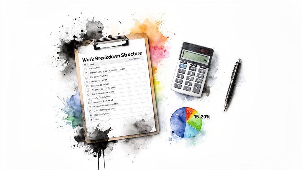 A clipboard with a 'Work Breakdown Structure' checklist, calculator, pen, and a pie chart on a white background.