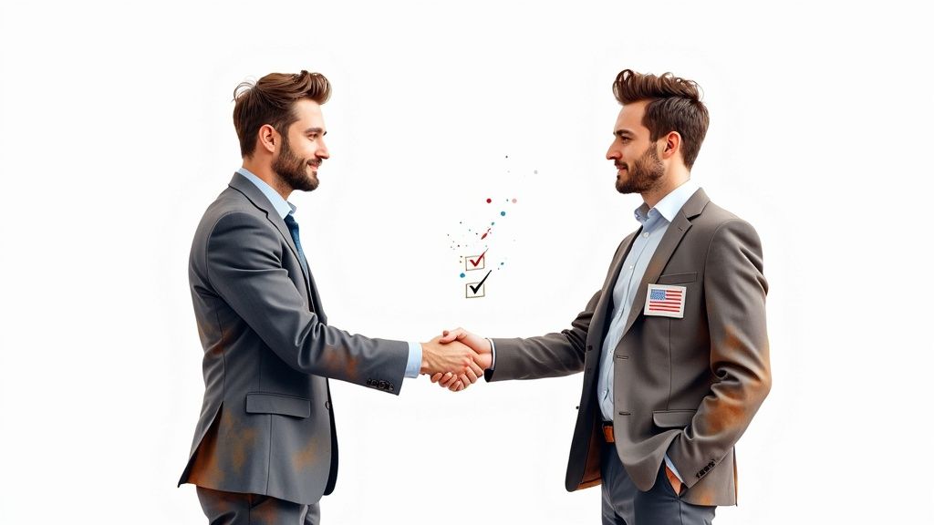 Two men in stained suits shaking hands, symbolizing political or business collaboration and agreement.