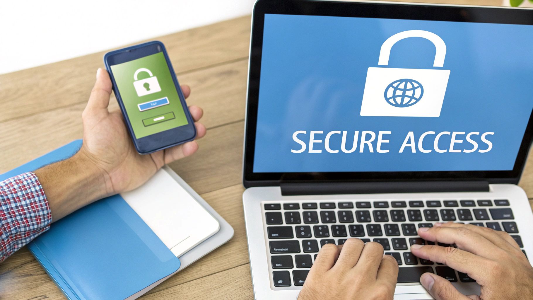 A person uses a laptop displaying 'Secure Access' and holds a smartphone with a lock icon, symbolizing digital security.