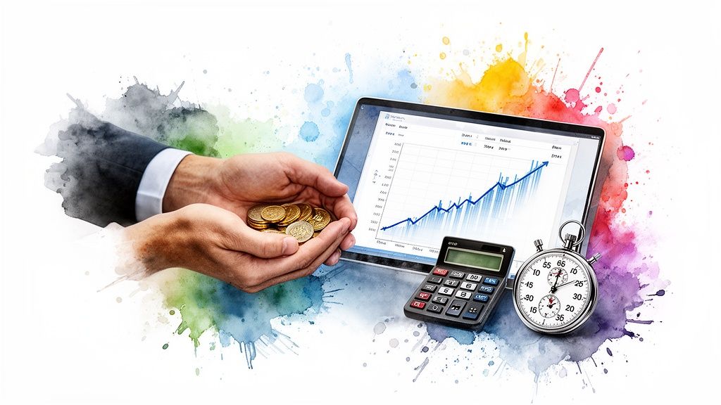 Hands holding gold coins, a tablet with an upward financial graph, calculator, and stopwatch.