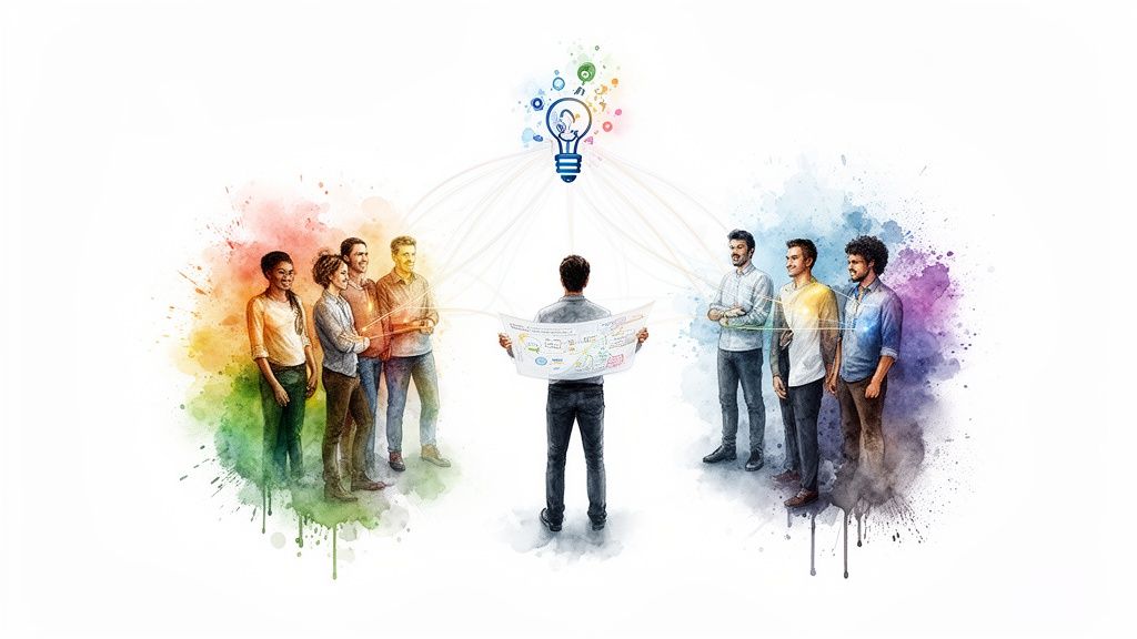 Diverse team collaborating around a central figure with a plan, connected to an illuminated idea light bulb.