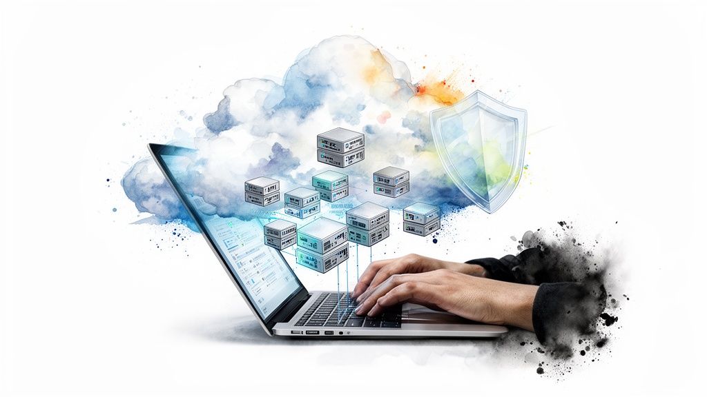 Hands typing on a laptop connected to a watercolor cloud network with servers and a security shield.