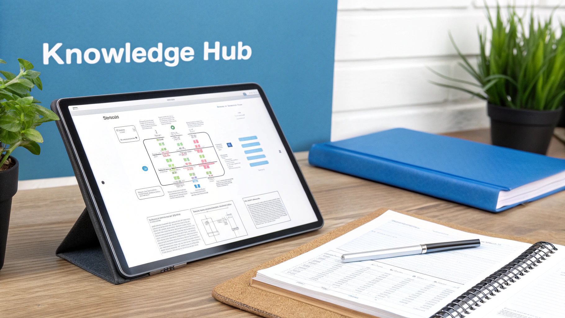 A tablet displaying a diagram on a wooden desk with a notebook, pen, and a blue 'Knowledge Hub' sign.
