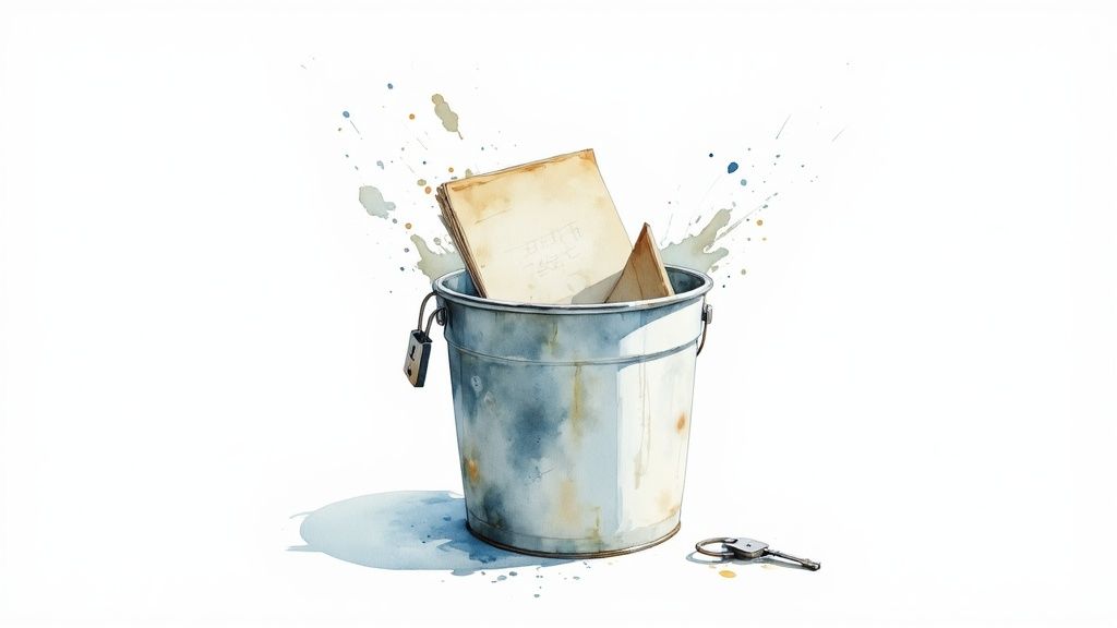 Watercolor illustration of a metal bucket with old papers, a padlock, and a key on the ground.