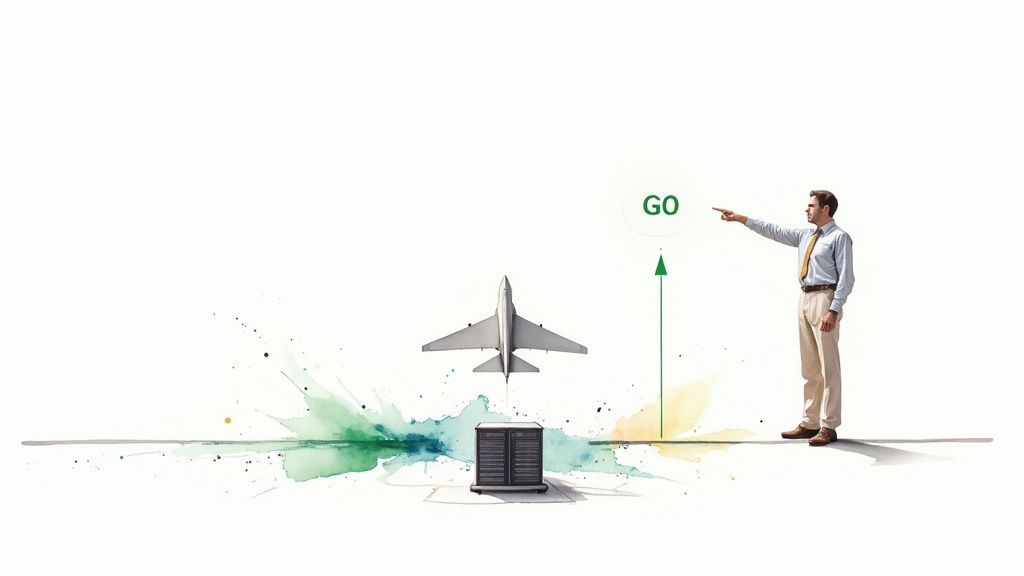 Businessman points as a jet plane takes off from a data center rack, marked with 'GO'.