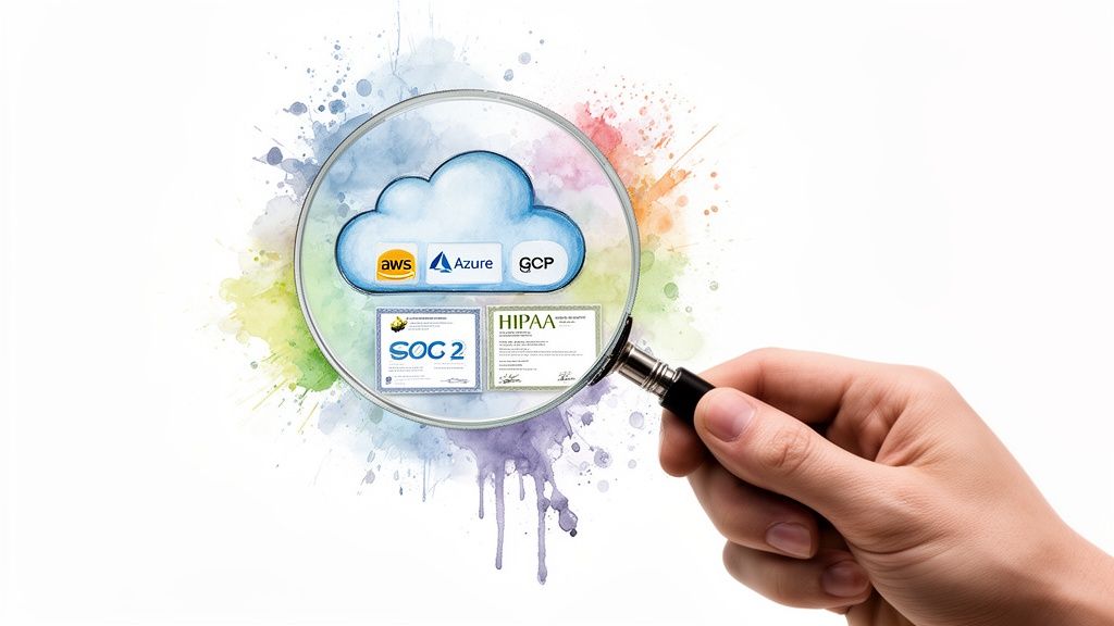 Magnifying glass examining cloud service providers (AWS, Azure, GCP) and compliance certifications (SOC 2, HIPAA).