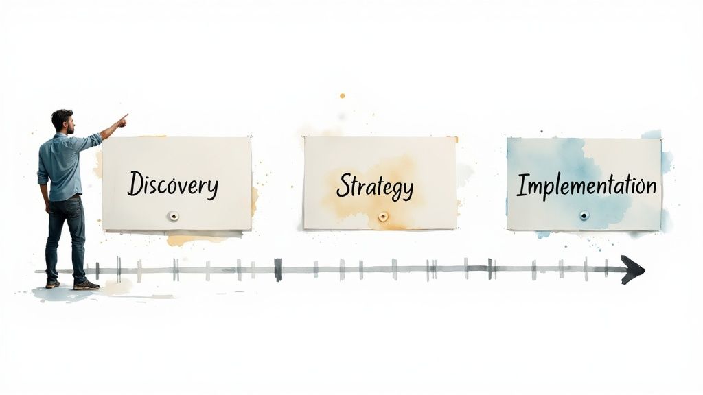 A man points to a three-step timeline: Discovery, Strategy, and Implementation, representing a project lifecycle.