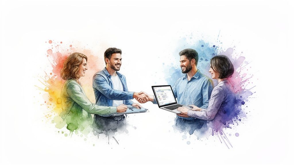 Two men shaking hands, one holding a laptop, flanked by two smiling women, in a colorful watercolor style.