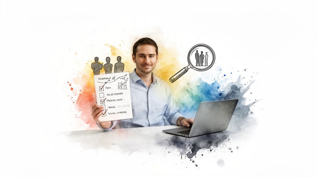 Smiling man with a laptop and a business checklist, surrounded by watercolor art of people and a magnifying glass, depicting digital marketing tasks.