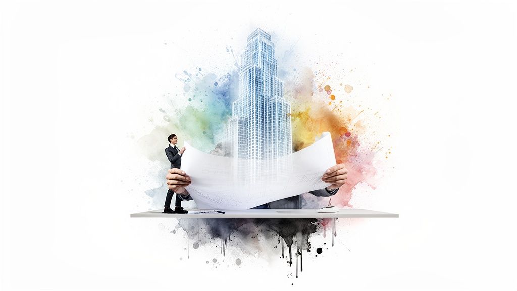 A man reviews blueprints held by hands, from which a skyscraper emerges amidst colorful watercolor art.
