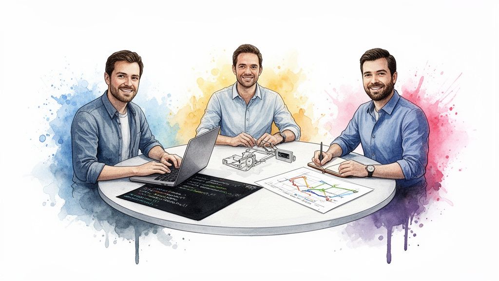 A watercolor illustration of three smiling men collaborating on a project around a table with a laptop, tech, and charts.