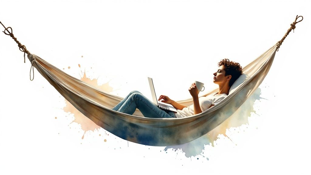 Person relaxing in hammock with laptop and coffee cup demonstrating remote work flexibility