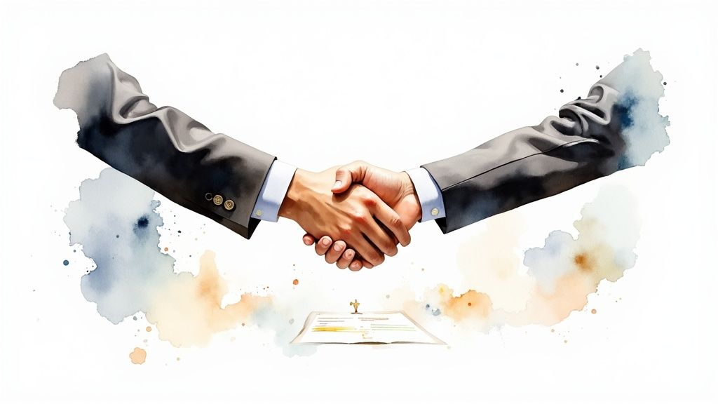 Watercolor illustration of two businesspeople shaking hands over a contract, symbolizing partnership and agreement.