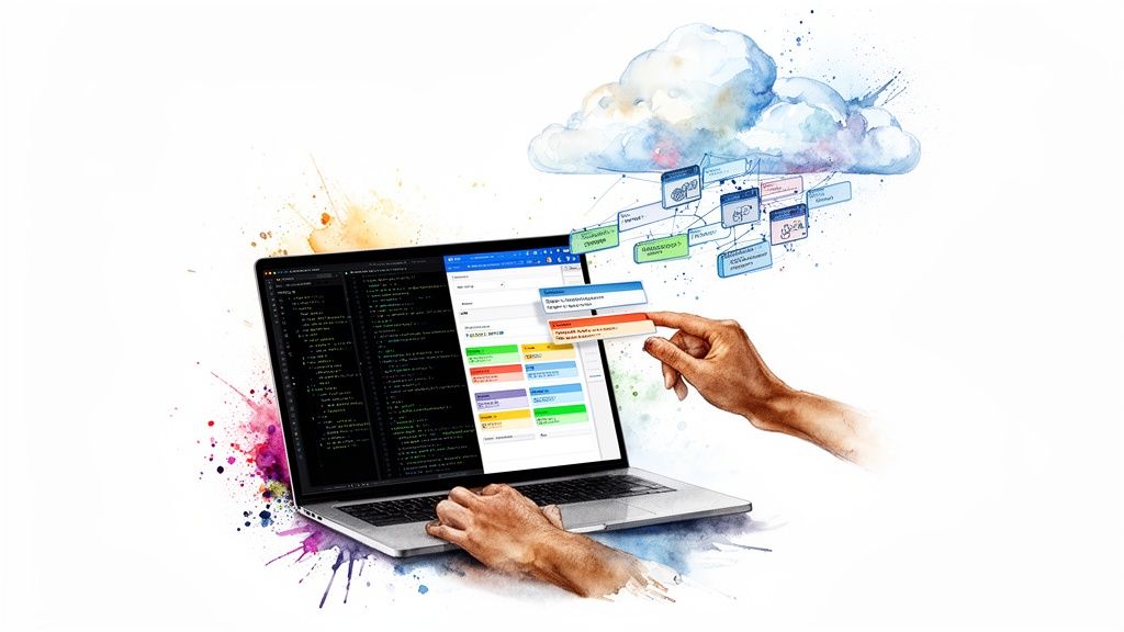 Watercolor illustration of software development with a laptop displaying code and a project board, connected to a cloud infrastructure diagram.