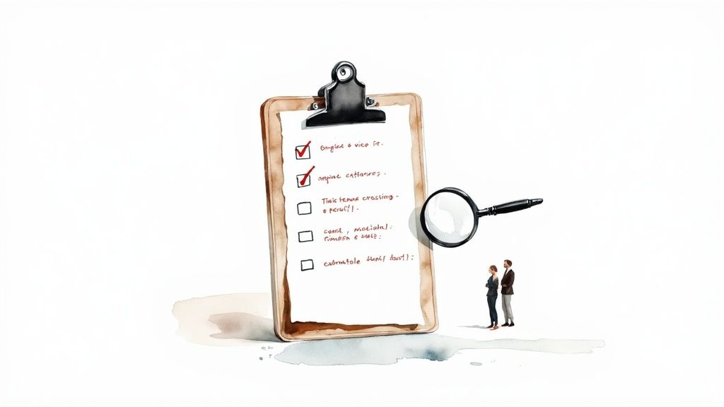 Two people review a giant checklist on a clipboard with a magnifying glass, symbolizing task management.