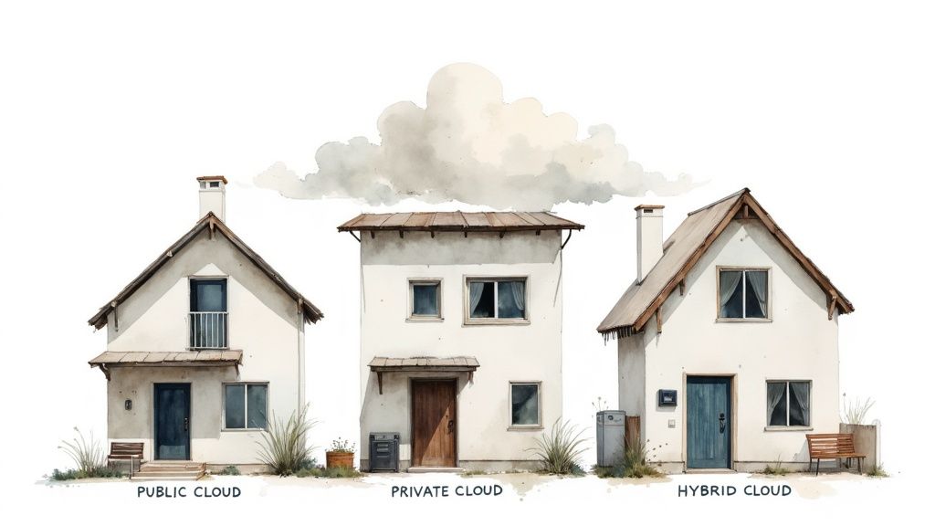 Watercolor illustration of three houses representing public, private, and hybrid cloud computing solutions.