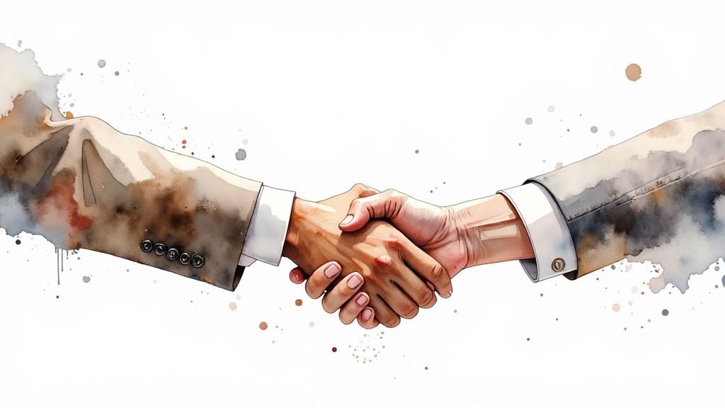 Artistic watercolor illustration of a business handshake between two professionals.