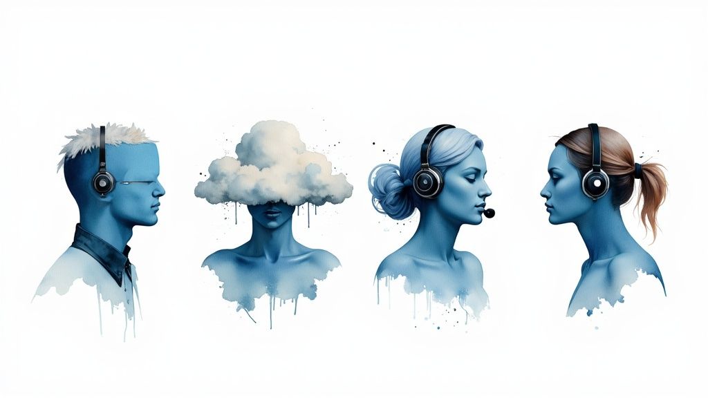 Four blue stylized figures, two with headphones, one with a headset, and one with a cloud head.