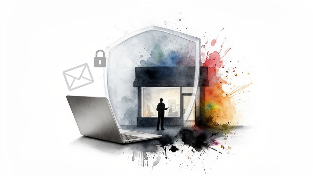 A laptop protected by a shield with email and lock icons, symbolizing IT security for a small business.