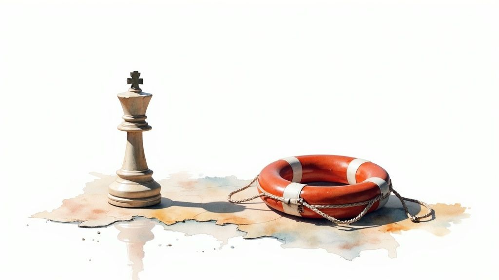 A white chess king stands beside a red lifebuoy on a watercolor-splashed surface, symbolizing strategy and rescue.